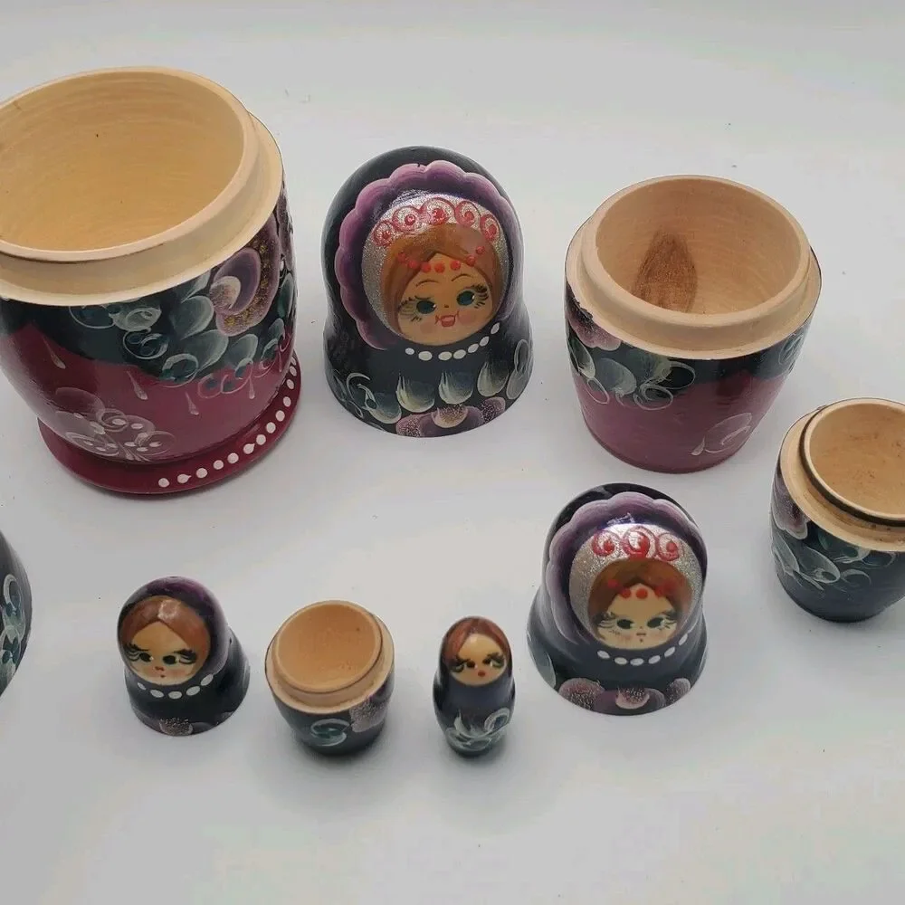 Russian 5 piece Wooden Purple Nesting Dolls Hand Painted Red Flowers Blond Girl